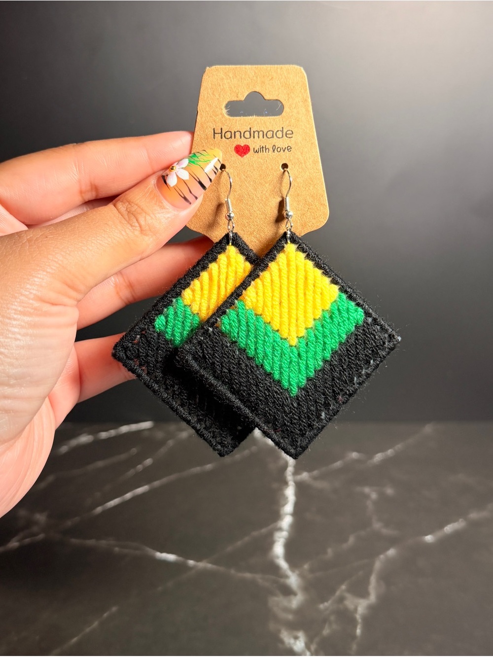 Handmade Black, Yellow & Green Woven Square Earrings
